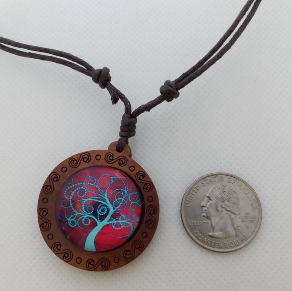 Blue Tree w/Pink Background Wood Pendant Necklace - Picture 4 of 4